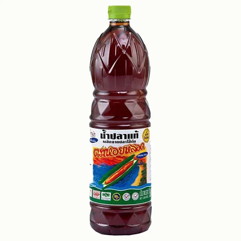 Razorclam Fish Sauce 1.5L bottle, popular dry grocery item, with a transparent label and dark liquid inside.