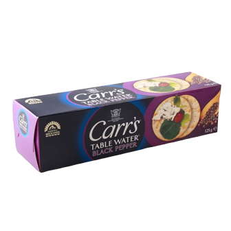 Carr's Black Pepper Table Water Crackers in a package, showcasing thin, crispy crackers with black pepper seasoning.