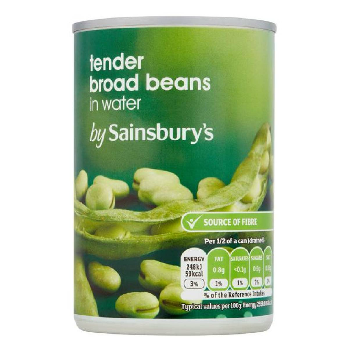 Sainsbury's Tender Broad Beans in water in a can, showing the label and product inside