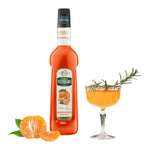 Mathieu Teisseire Mandarin Syrup 700ml bottle, close-up showing the label and vibrant orange color of the syrup inside.