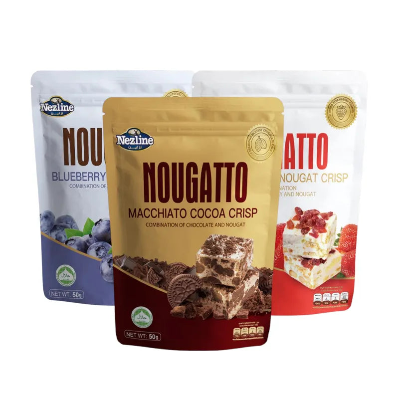 Nezline Nezline Nougatto Nougat Crisp snack with crunchy nougat and caramel coating, displayed in a close-up image.