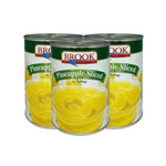 Canned Brook pineapple slices in syrup, 20 ounces (565g), featuring golden pineapple rings in sweet syrup.