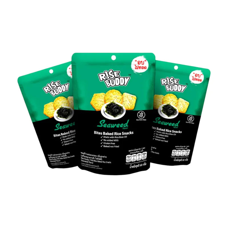 Rise Buddy Crispy Rice Snacks in a clear bowl, showcasing their light, crunchy texture and golden rice puff appearance.