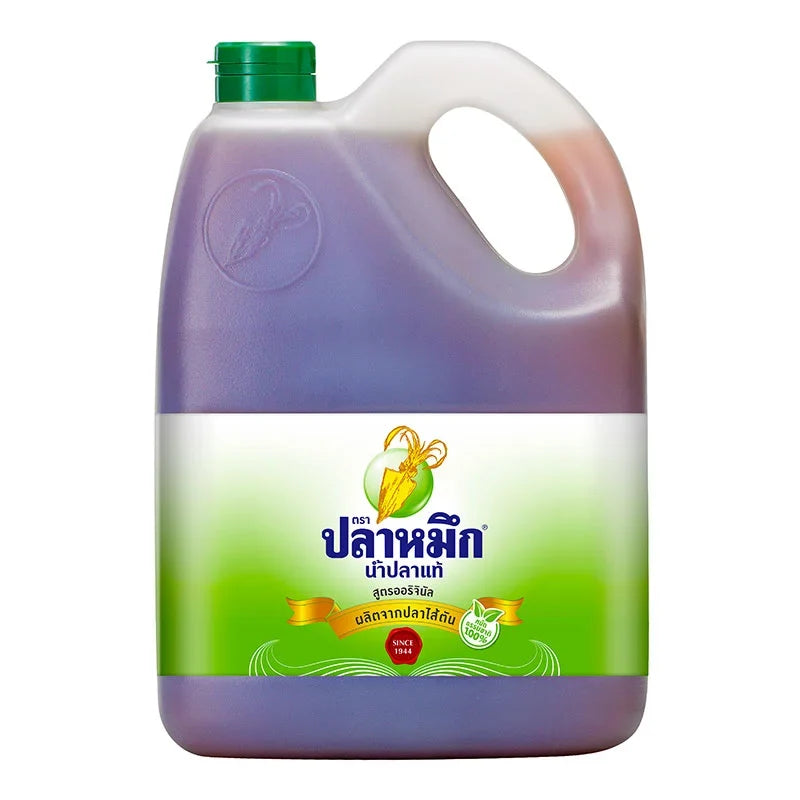 Squid Brand Fish Sauce 4.5L bottle for cooking, featuring a clear label and golden liquid inside a plastic bottle.