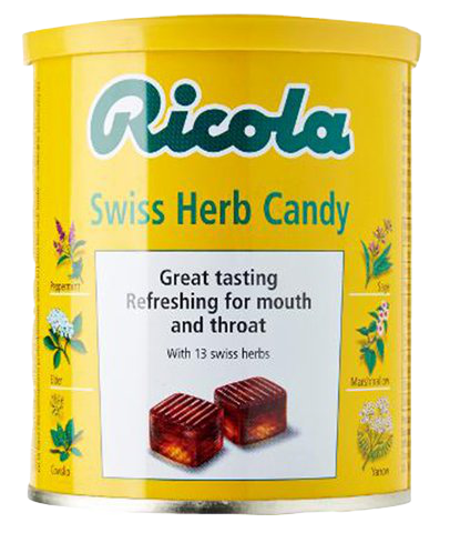 Ricola Herb confectionery snack featuring herbal candies with natural ingredients and colorful packaging.