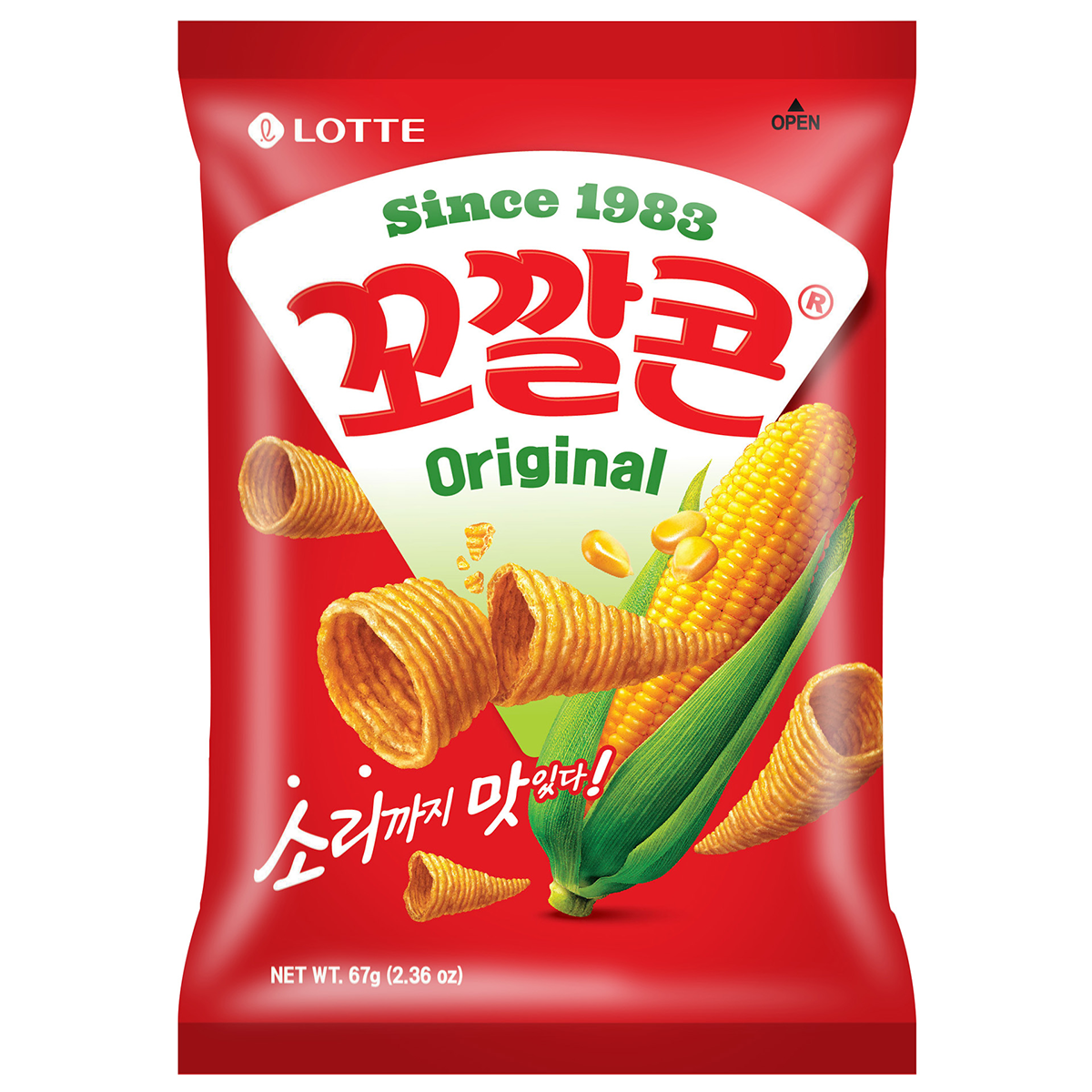 Lotte Corn Snack Original, crispy yellow corn snack in a colorful bag, popular confectionery snack brand.