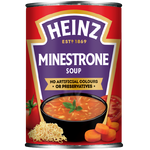 Heinz Classic Minestrone Soup in a can, showing colorful vegetables and pasta in a clear bowl on a white background.
