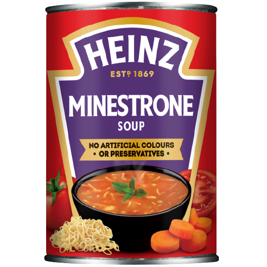 Heinz Classic Minestrone Soup in a can, showing colorful vegetables and pasta in a clear bowl on a white background.
