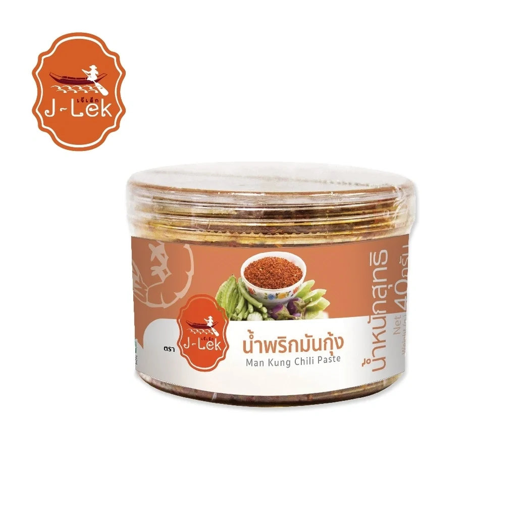 J-lek Shrimp Oil Chili Paste 40g jar, dry grocery product with vibrant red chili and shrimp ingredients visible.