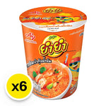 YUMYUM Cup Instant Noodles Tom Yum Kung flavor, creamy dry grocery snack, 60g x 6 pack, with noodles and soup ingredients visible