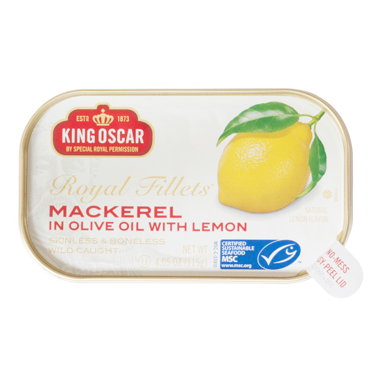 Canned King Oscar mackerel in olive oil with lemon slices, ready to serve, on a white background.