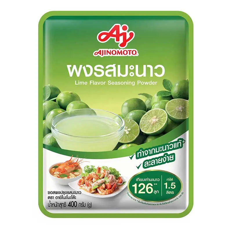 AJINOMOTO Lime Seasoning Powder 400g jar, dry grocery product with vibrant lime flavor and seasoning powder inside.