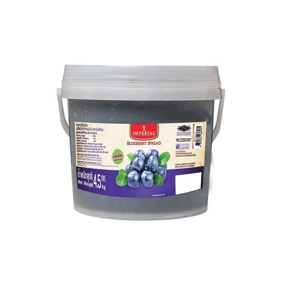 Imperial Blueberry Jam 4.5kg jar, dry grocery product with fresh blueberries and jam spread visible inside the jar.