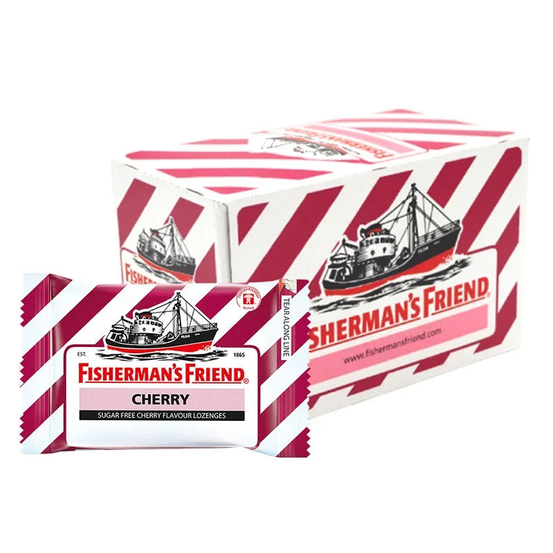 Fisherman's Friend Sugar Free Cherry lozenges in a clear bag, showcasing red cherry-flavored hard candies for dry grocery snacks.
