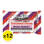 Fisherman's Friend sugar-free lozenges with mixed berry flavor in a clear plastic bag, displayed with several lozenges visible.