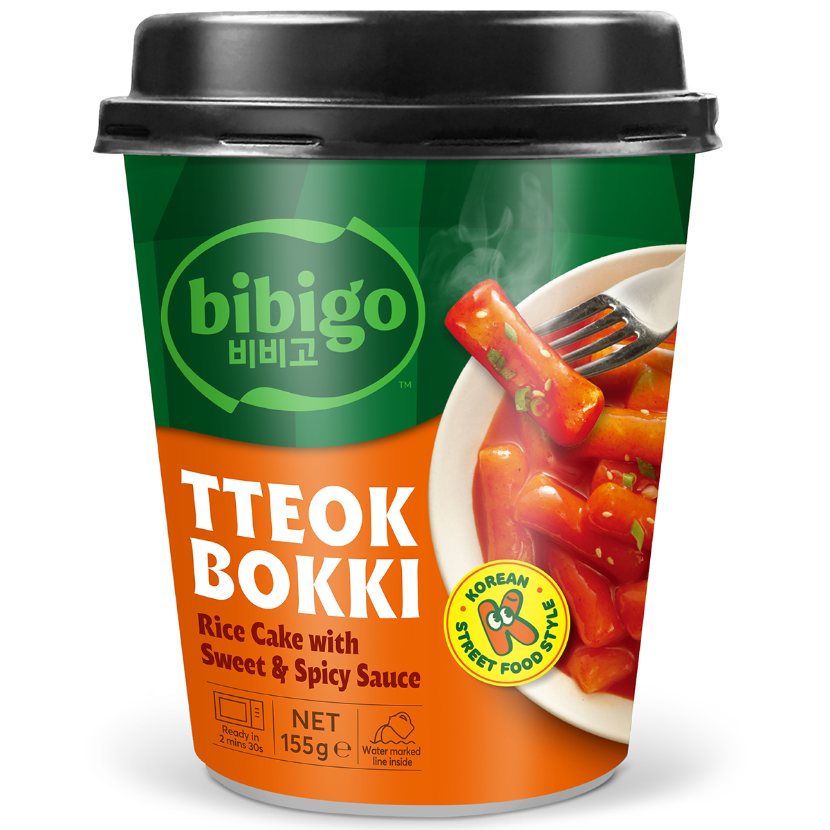 Bibigo Tteokbokki sweet and spicy cup, Korean rice cake snack with vibrant sauce, ready-to-eat grocery product.