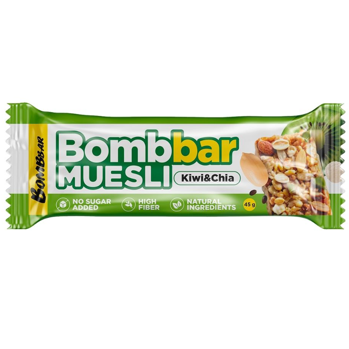 Bombbar Kiwi-Chia Muesli Bar showing a crispy snack bar with visible chia seeds and kiwi pieces on the packaging.