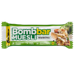 Bombbar Kiwi-Chia Muesli Bar showing a crispy snack bar with visible chia seeds and kiwi pieces on the packaging.