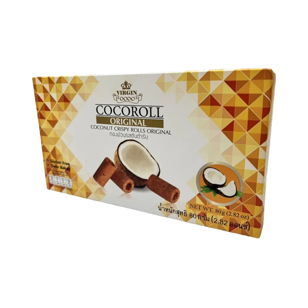 Virgin CoCo Coconut Crispy Roll snack, featuring golden coconut-filled crispy wafer, in 80g package.