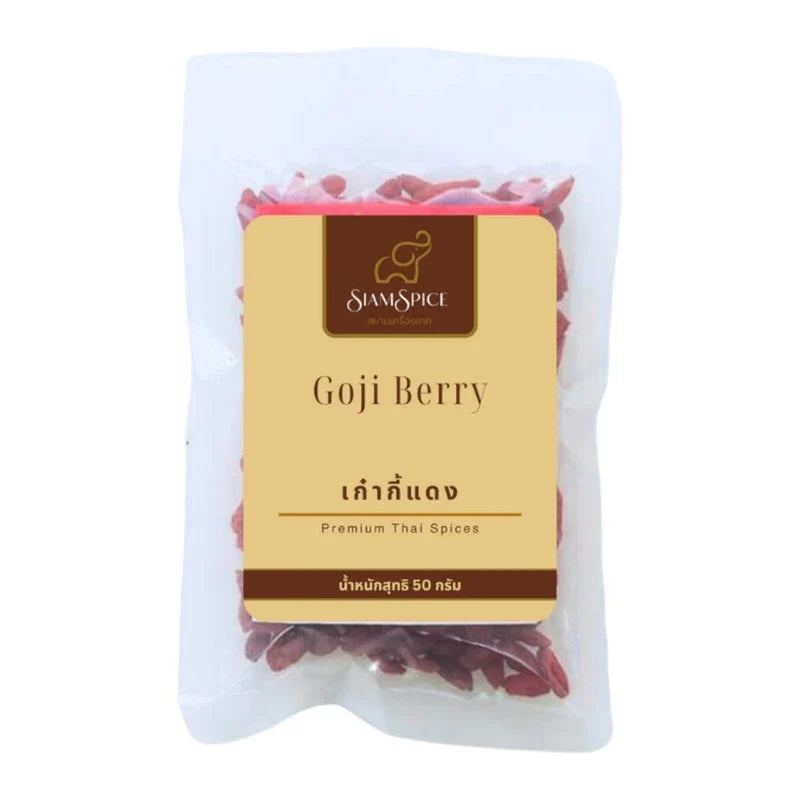 SiamSpice Goji Berry 50g in a clear plastic package, showcasing vibrant dried goji berries for healthy snacking or cooking.