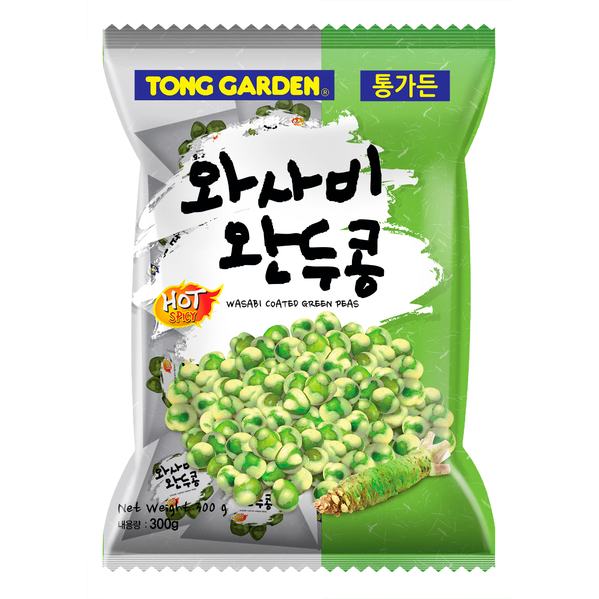 Tong Garden Green Pea Wasabi snack in a bowl, showing crunchy green peas coated with wasabi flavor, for confectionery snacking.