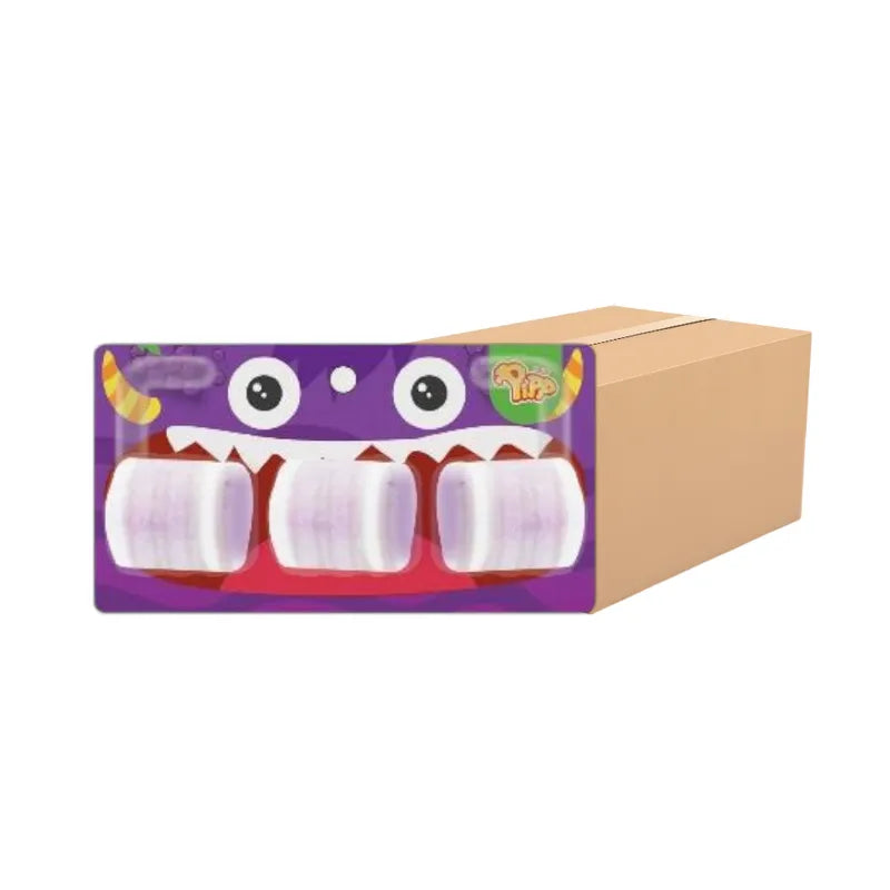 Pipp Gummy Roll Grape Flavor snack pack, 21g, part of a 12-pack, colorful gummy candies in a clear packaging.