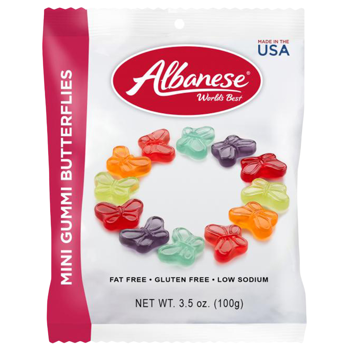 Colorful Albanese Mini Gummi Butterflies confectionery snacks with vibrant, butterfly-shaped gummy candies in assorted bright colors.