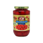 S&W Red Maraschino Cherries in a clear glass jar, ready for baking or garnishing desserts in dry grocery packaging