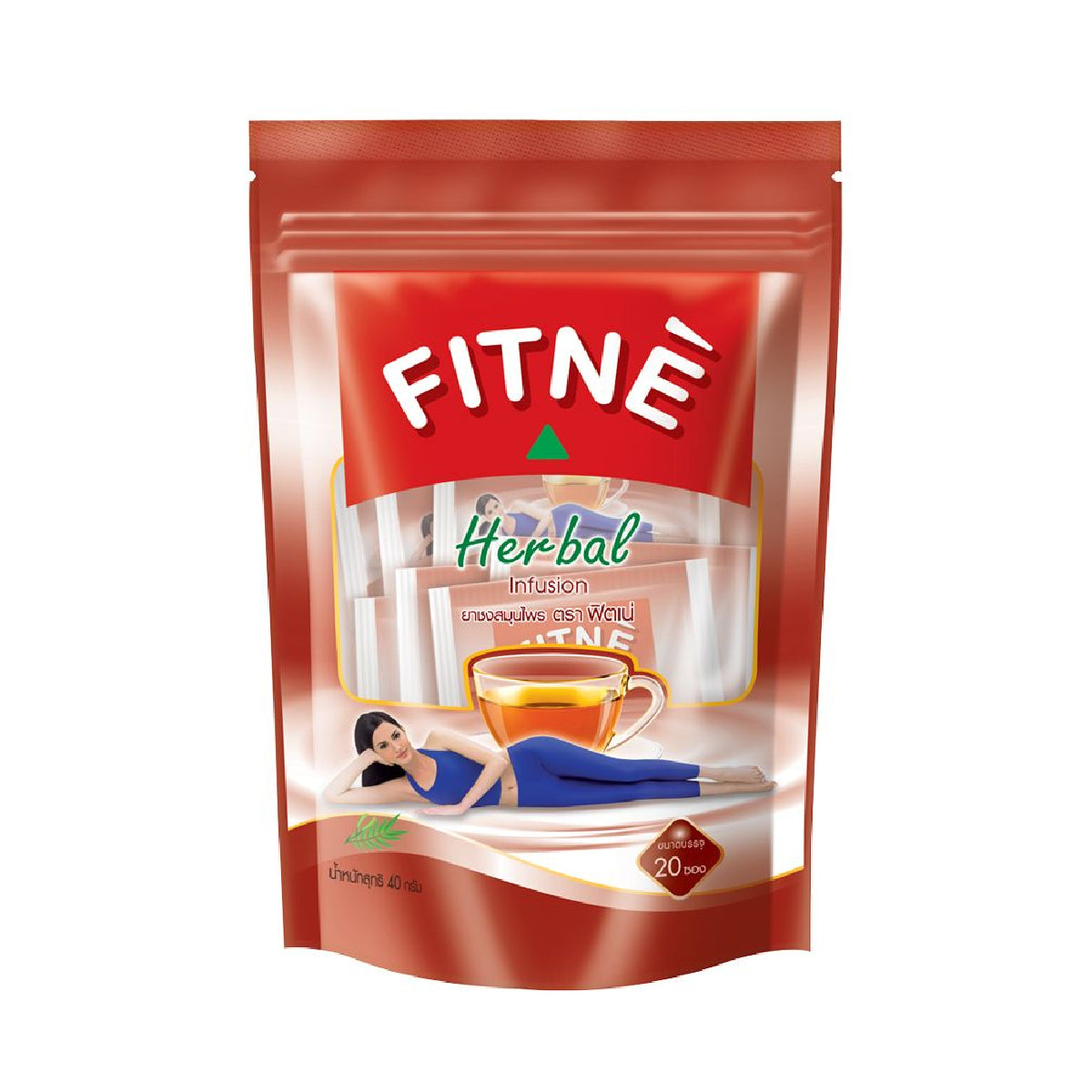 Box of Fitne Herbal Infusion Tea with 20 tea bags, showing the colorful packaging and individual tea bags inside.