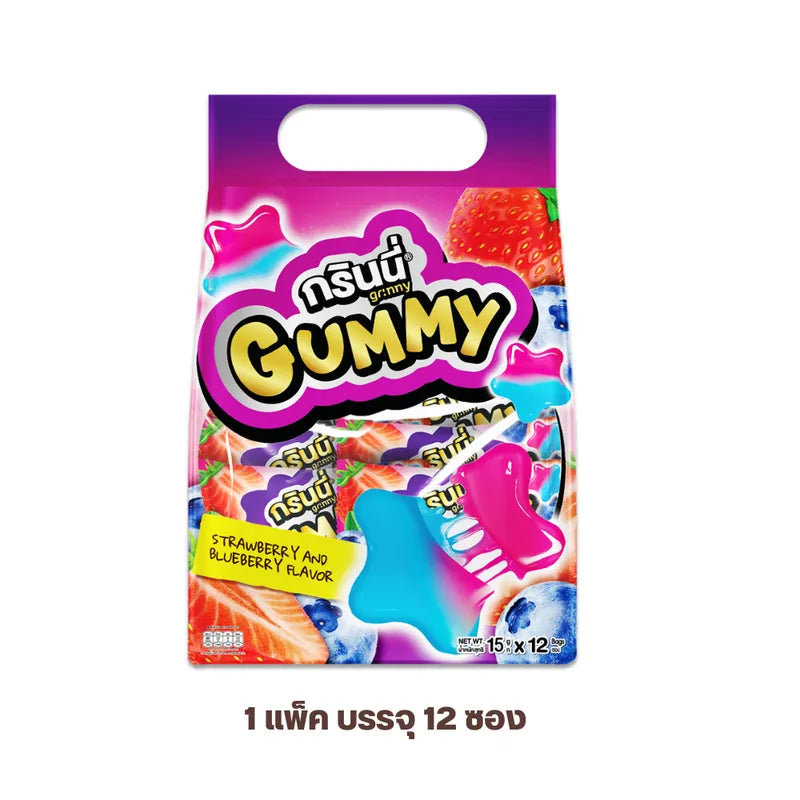 Grinny Pectin Gummy Star snacks in strawberry and blueberry flavors, showing colorful star-shaped gummies in a clear container.
