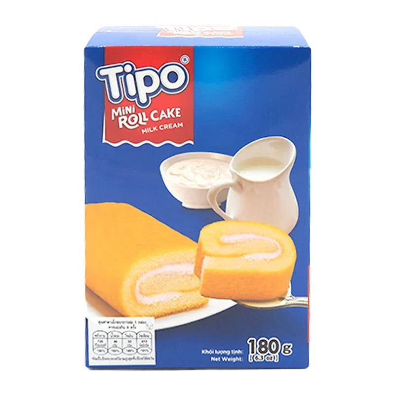 Tipo Mini Roll Cake Milk 20g snack, showcasing a small, creamy milk-flavored roll cake with soft sponge texture.