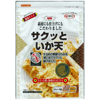 Maruesu Sakutto Ikaten Crisp Snacks, crunchy Japanese confectionery snacks with a light, crispy texture, in colorful packaging.