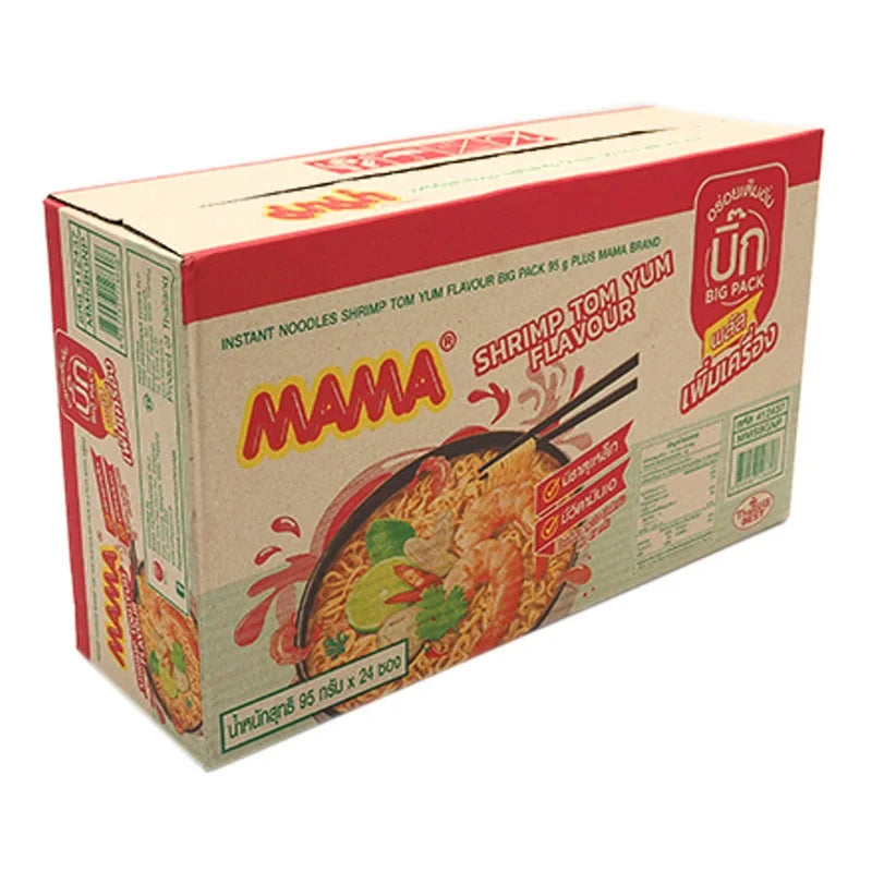 Pack of 24 MAMA Big Pack Shrimp Tom Yum Instant Noodles, 95g each, featuring dry grocery packaging with noodles and shrimp.
