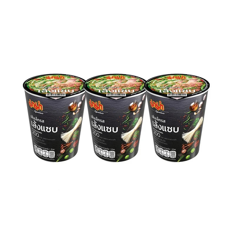 Mama Cup Thin Noodles Leng Sab Cups, dry grocery product, showing a pack of MAMA brand thin noodle cups in the image.