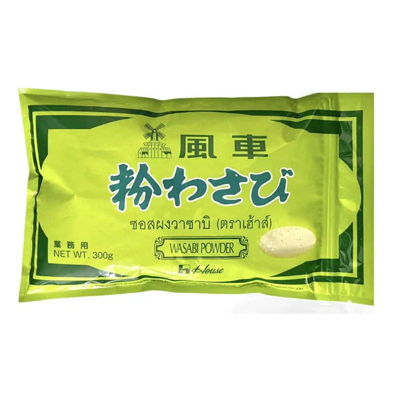 House Wasabi Powder 300g in a clear container, dry grocery product with green wasabi powder visible inside.