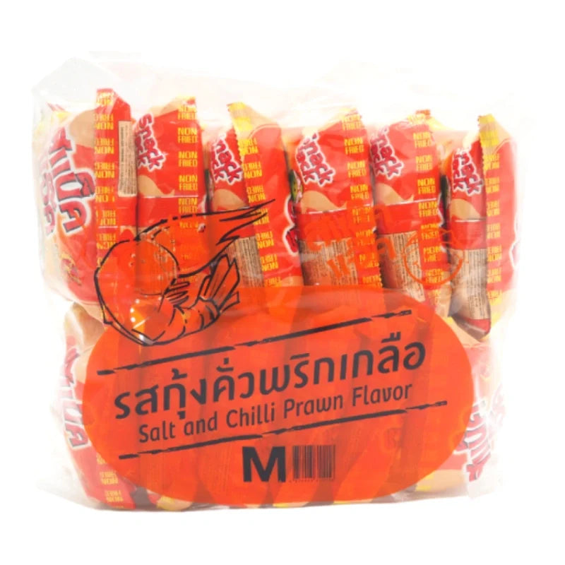 Snack Jack green pea salt and chili prawn snack in 15g pack, crispy dry grocery snack with spicy and savory flavors.