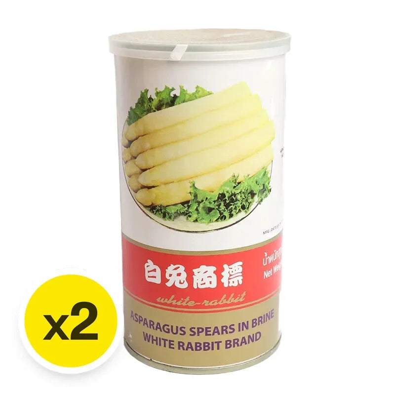 Cans of GOODY Asparagus in Brine, 800g each, stored in a pantry shelf as part of dry grocery products