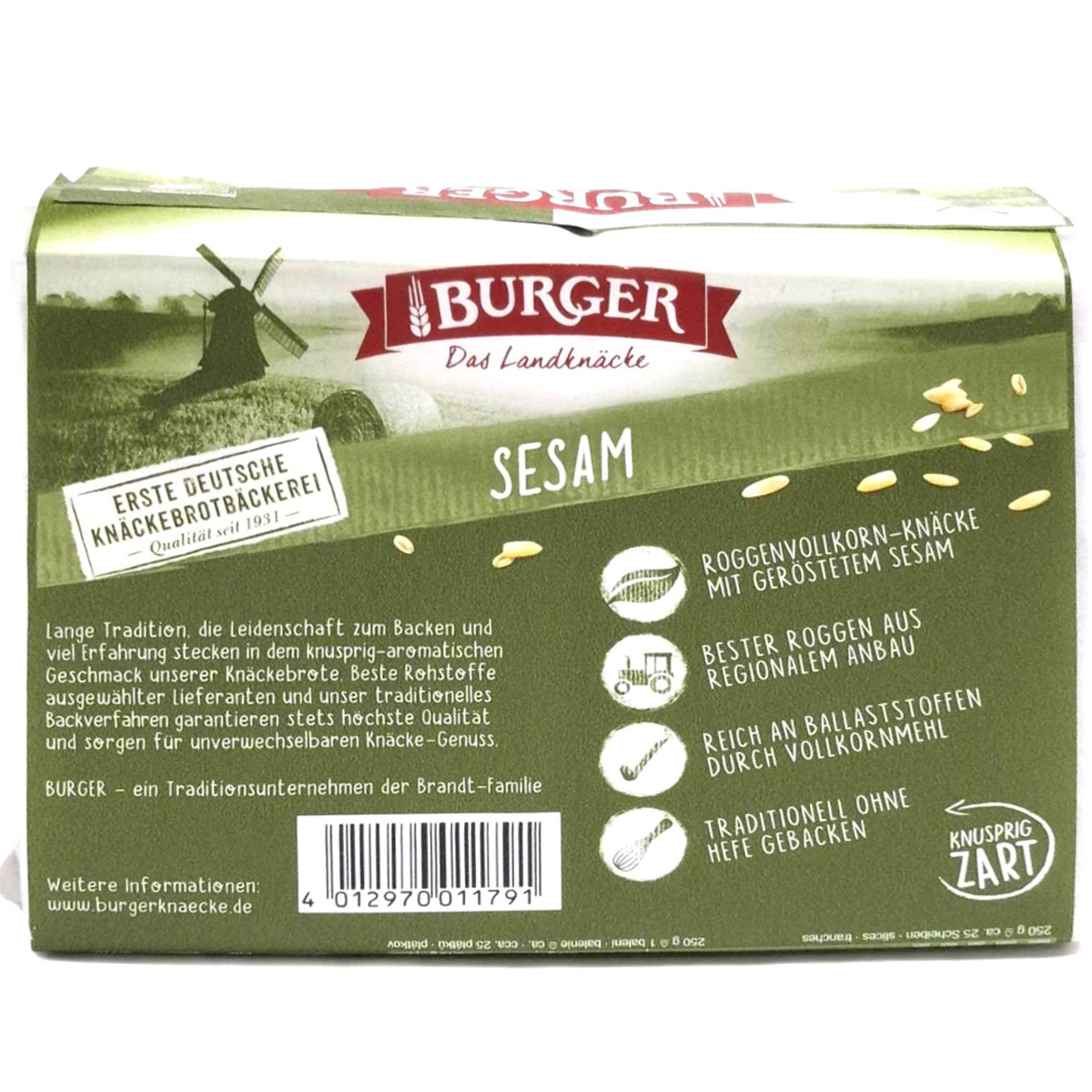 Burger Sesame Crispbread, a crunchy confectionery snack with sesame seeds, shown in the image.