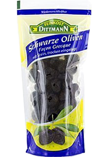 Canned Feinkost Dittmann Schwarze Olives in a glass jar, showcasing shiny black olives with a silver lid on a white background.