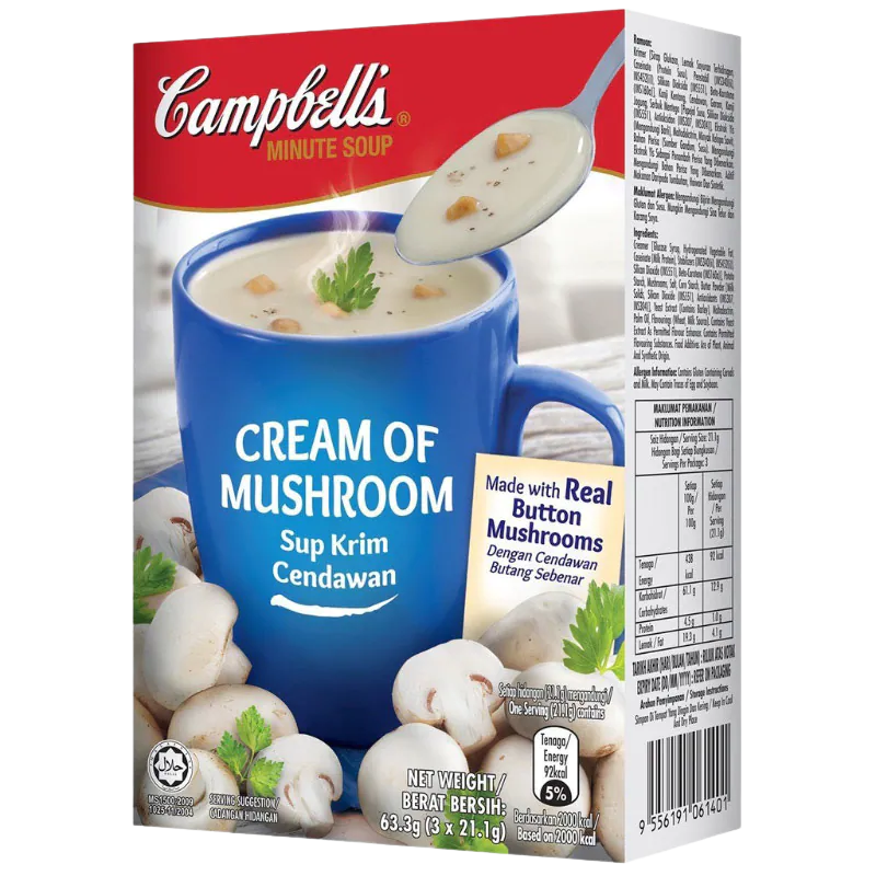 Campbell's Cream of Mushroom Instant Soup in a bowl, showcasing the creamy mushroom soup with a spoon and fresh ingredients.