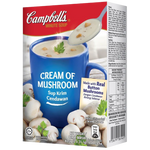 Campbell's Cream of Mushroom Instant Soup in a bowl, showcasing the creamy mushroom soup with a spoon and fresh ingredients.