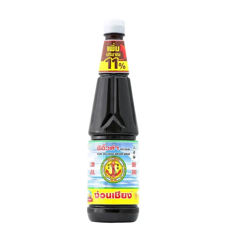 Bottle of Nguan Chiang Dark Soy Sauce Anchor, 900g, in clear plastic packaging, showing the dark soy sauce inside.