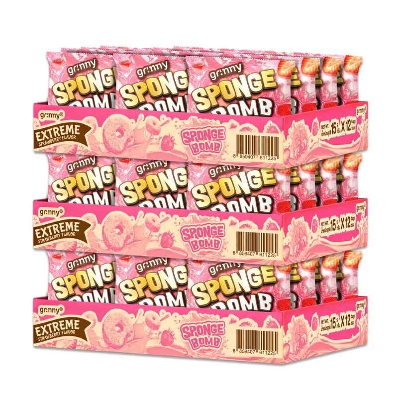 Grinny Sponge Bomb Snack Extreme Strawberry flavor, 15g x 3 packs, dry grocery candy and confectionery with colorful sponge-shaped treats