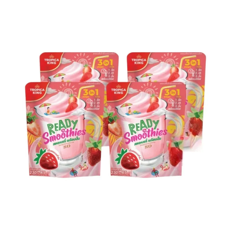 TROPICA KING Strawberry Ready To Blend Packs, 230g x4, dry grocery product with vibrant strawberry flavor and packaging visible.