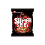 Nongshim Shin Ramyun Red Super Spicy instant ramen noodles in a bowl with broth and garnishes, showcasing the dry grocery product.