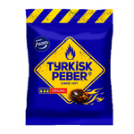 Fazer Turkish Peber Original confectionery snack in a colorful package with spicy candy pieces visible inside.