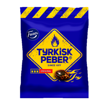 Fazer Turkish Peber Original confectionery snack in a colorful package with spicy candy pieces visible inside.