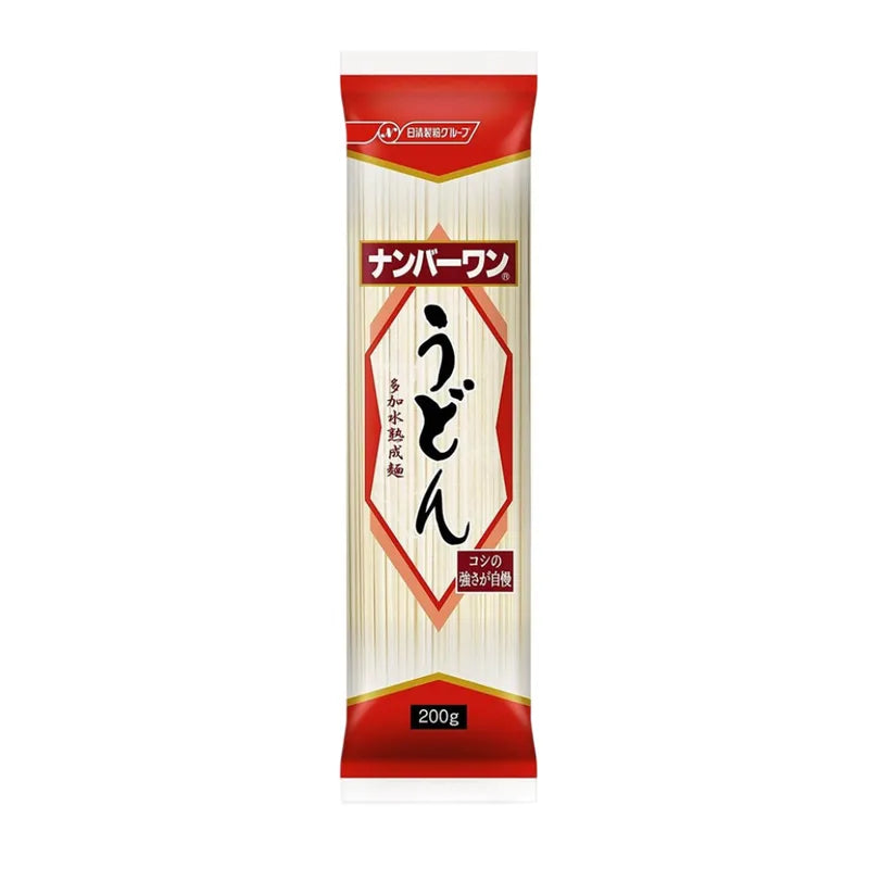 Nisshin No.1 Udon 200g dry Japanese wheat noodles in clear packaging, ideal for soups and stir-fries.