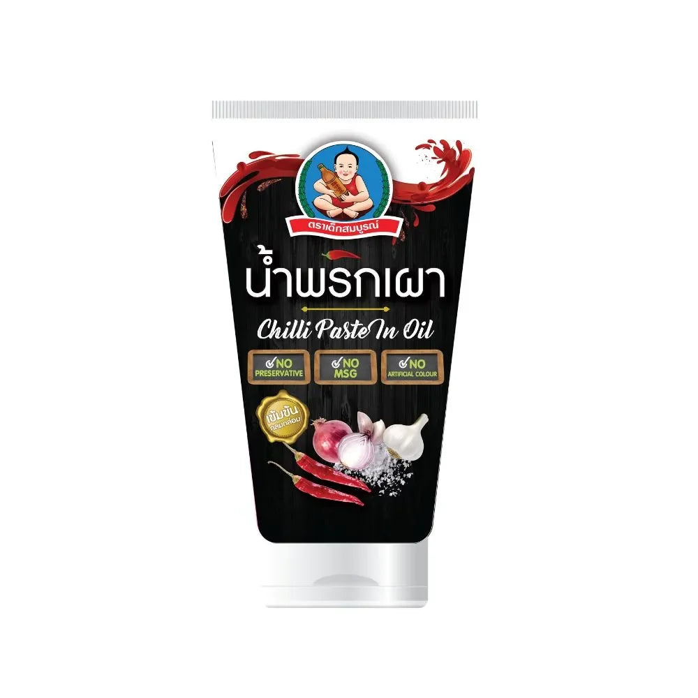 Deksomboon Chilli Paste in Oil 3 NO, 150g jar, Thai dry grocery product with vibrant red chilli paste visible inside.