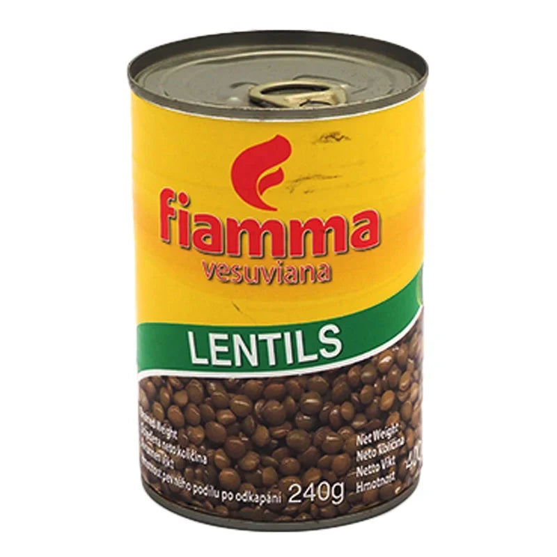 Fiamma Vesuviana Lentils in brine, 400g can, dry grocery product, showing a close-up of the canned lentils in brine.